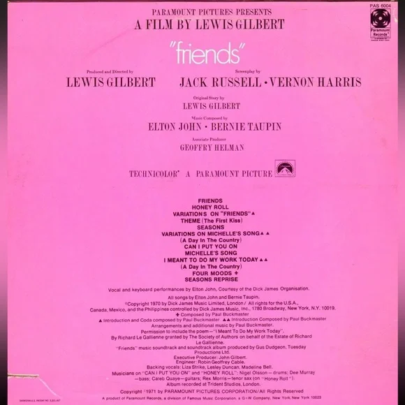 1971 Elton John – Friends Movie Soundtrack LP Album Vinyl Monarch